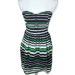 BEBOP GREEN, BLACK, & WHITE STRIPE STRAPLESS DRESS SZ.S EUC